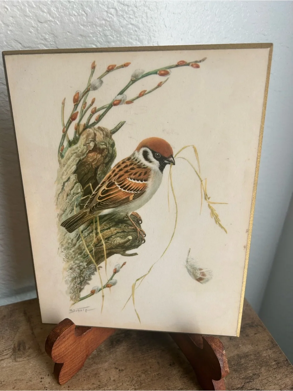 Vintage Bird Print on Wood with Sparrow Illustration - Cream & Brown